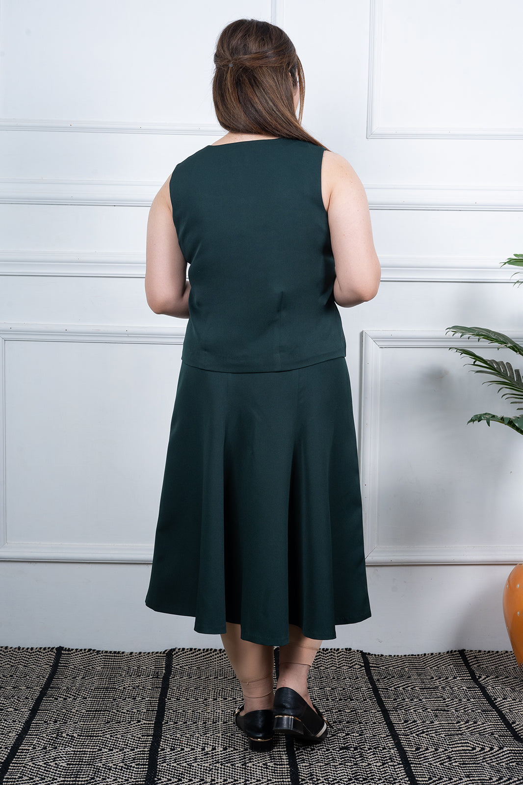 VISHIMA Green Round Neck Sleeveless Waist Coat with Midi A-line Skirt