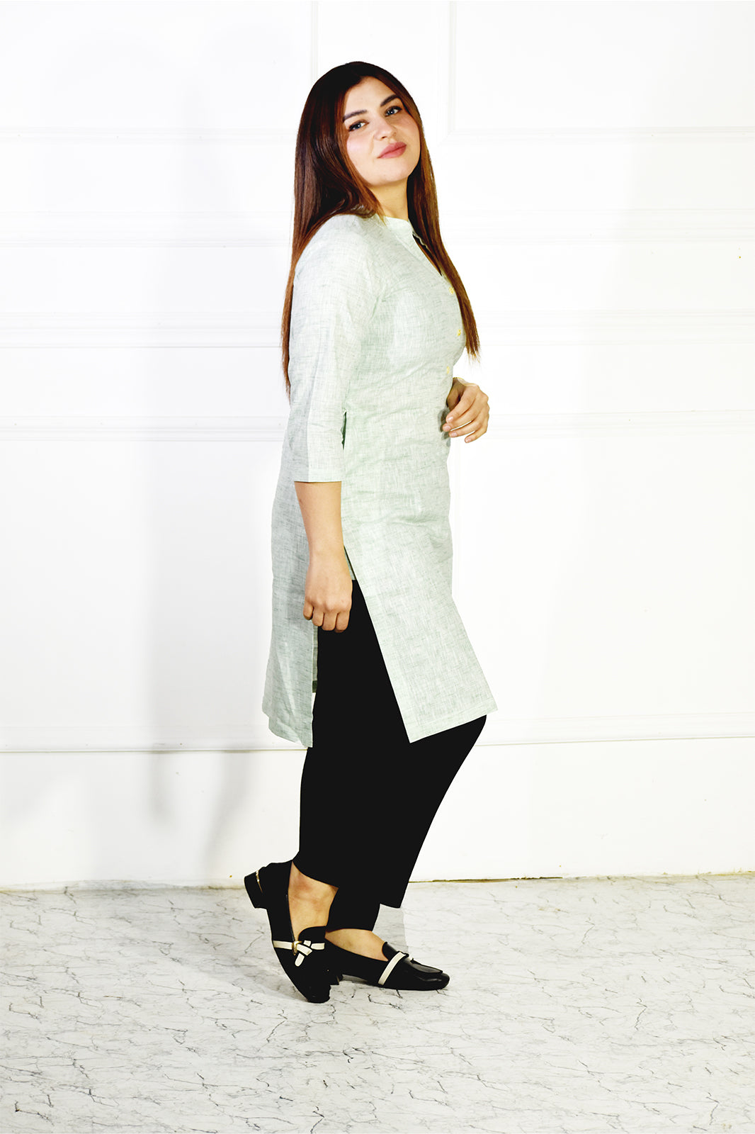 VISHIMA Cotton Linen Long Kurta | Light Tea Green