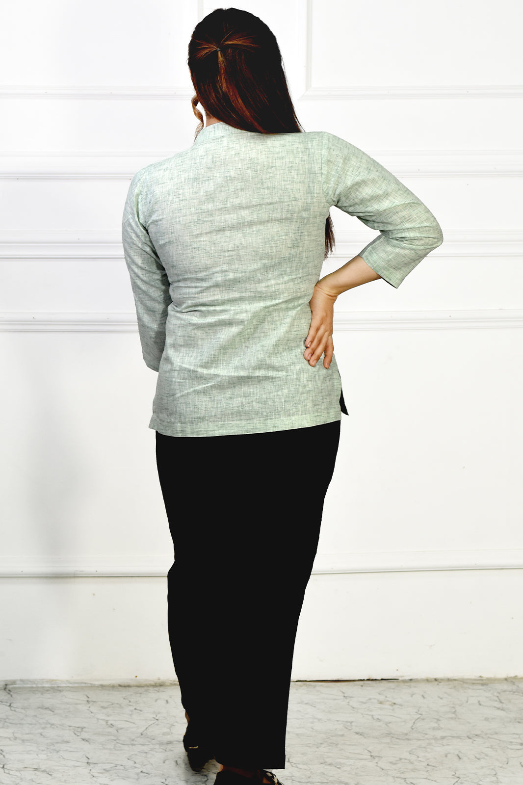 VISHIMA Cotton Linen Short Kurta | Light Tea Green