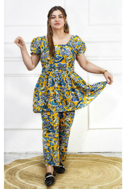VISHIMA Stylish Cotton Floral Peplum Top and Pant Co-ord set | Yellow