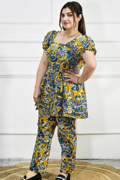 VISHIMA Stylish Cotton Floral Peplum Top and Pant Co-ord set | Yellow