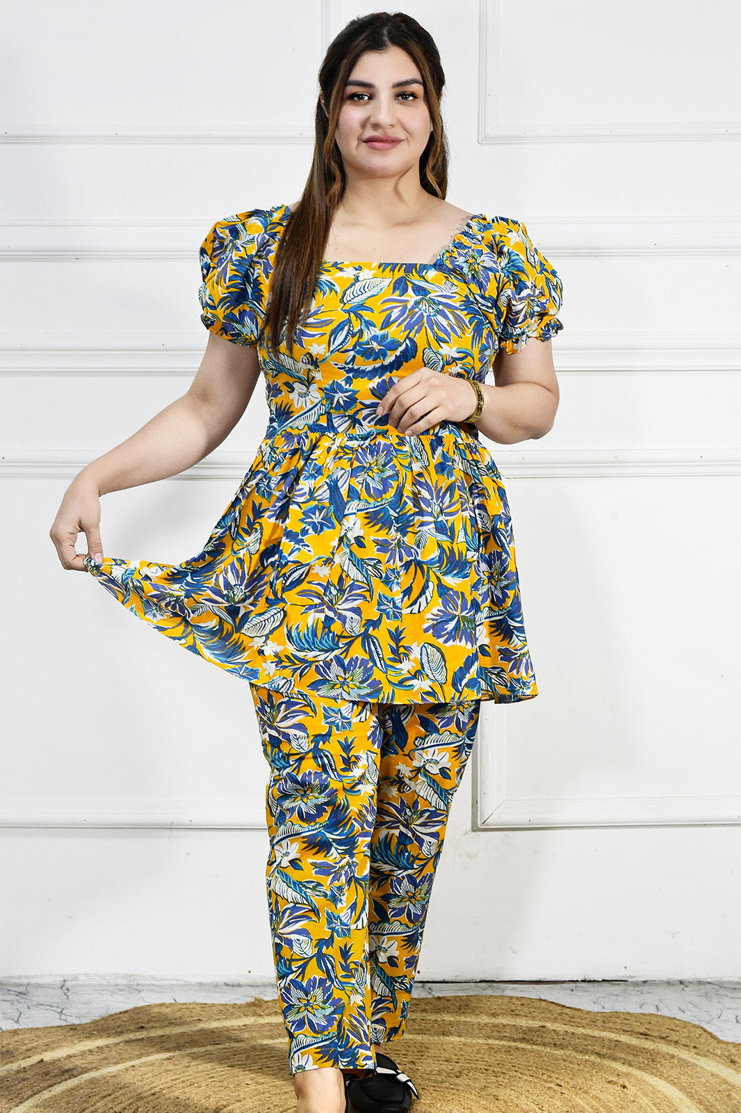 VISHIMA Stylish Cotton Floral Peplum Top and Pant Co-ord set | Yellow