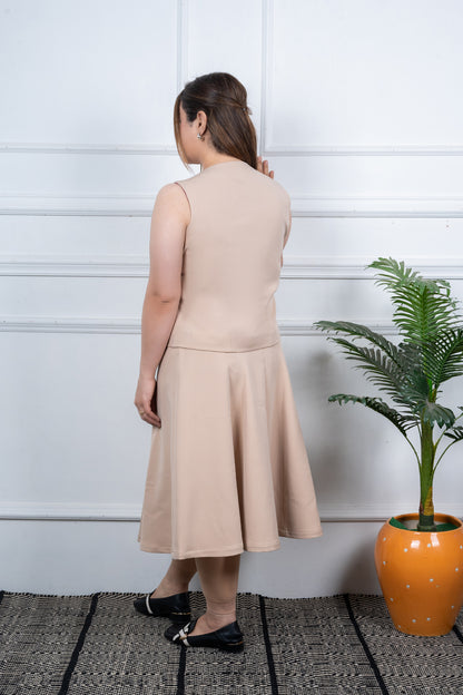 VISHIMA Round Neck Sleeveless Waist Coat with Midi A-line Skirt | Beige