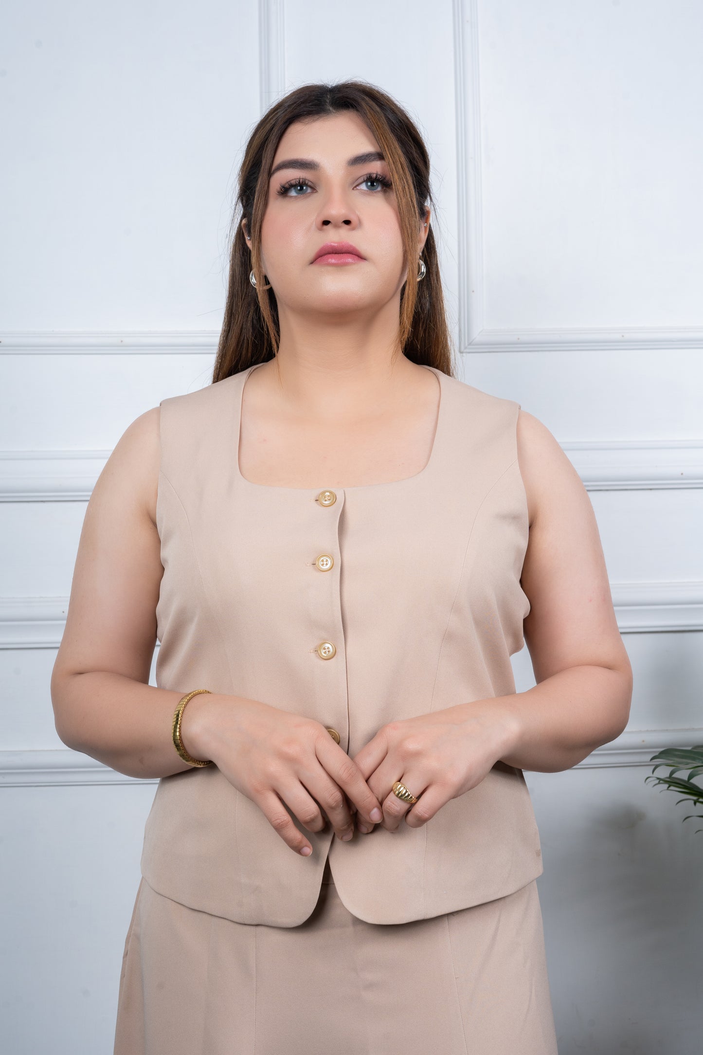 VISHIMA Round Neck Sleeveless Waist Coat with Midi A-line Skirt | Beige