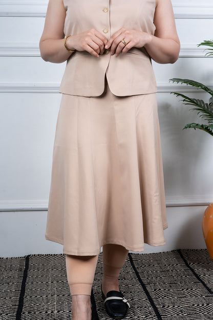 VISHIMA Round Neck Sleeveless Waist Coat with Midi A-line Skirt | Beige