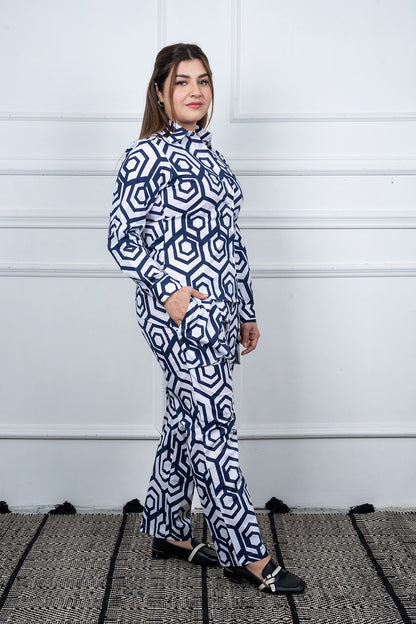 VISHIMA Rayon Geometric Print Co-ord Set | Blue
