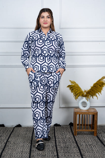 VISHIMA Rayon Geometric Print Co-ord Set | Blue