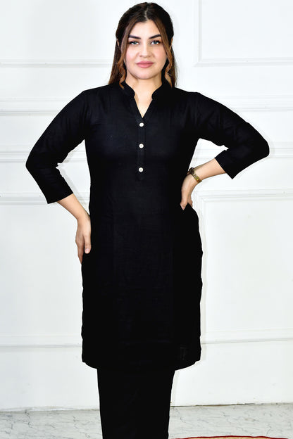 VISHIMA Cotton Linen Long Kurta | Black