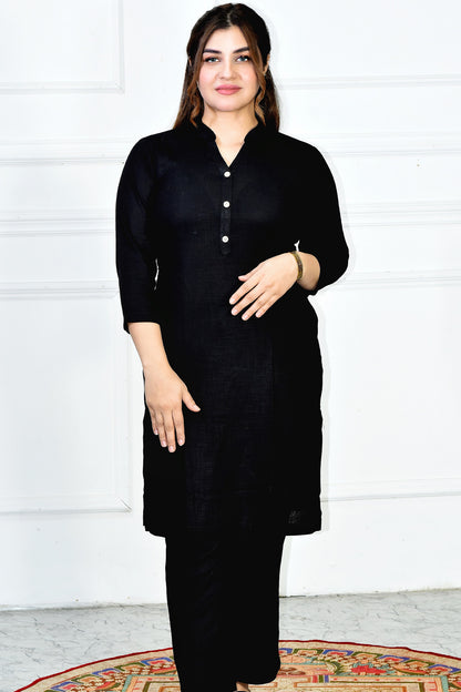VISHIMA Cotton Linen Long Kurta | Black