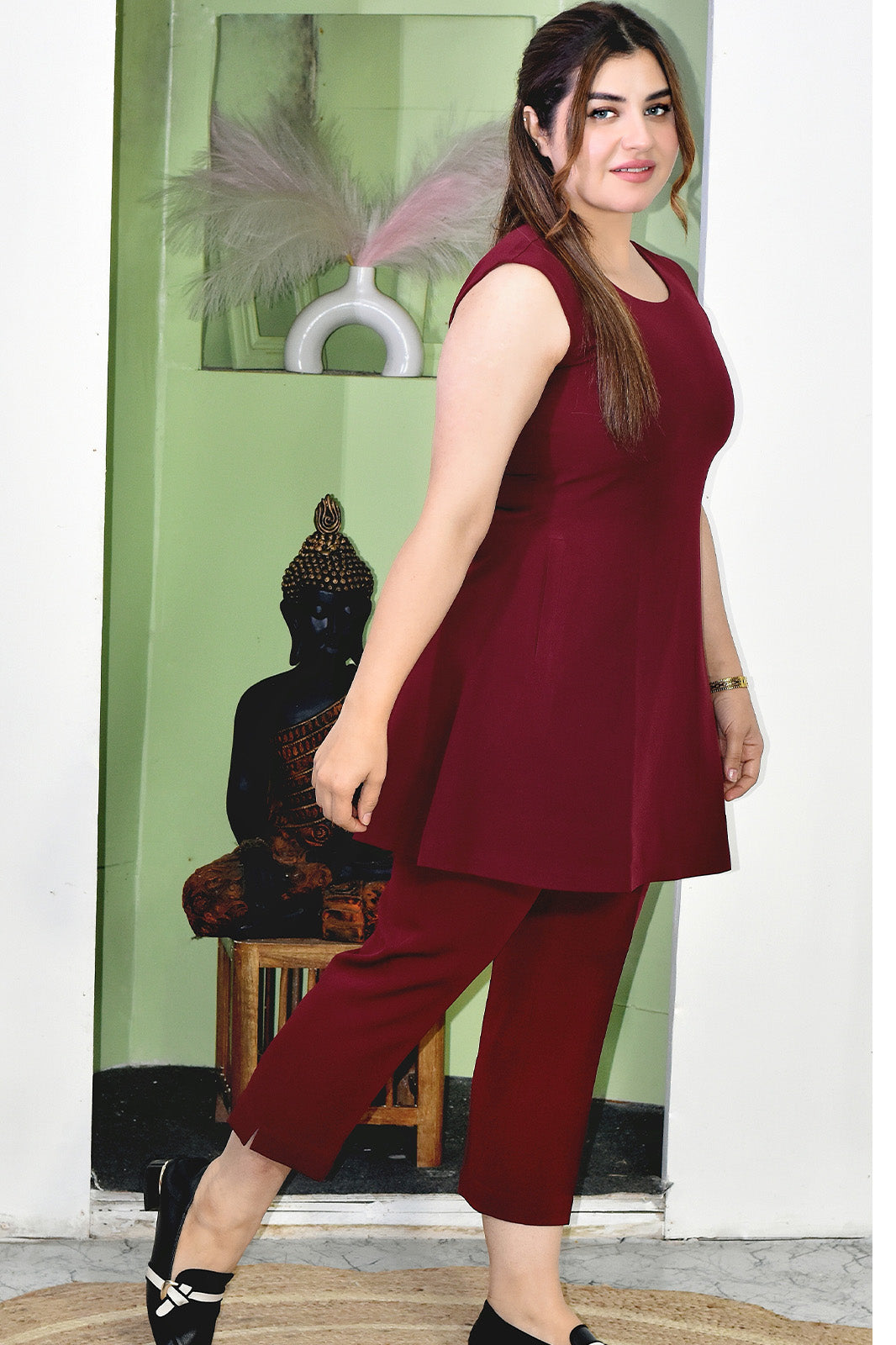 VISHIMA Stylish Thigh Length Tunic with Trouser Co-ord Set | Maroon