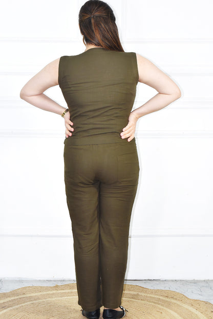 VISHIMA Waistcoat Co-ord Set - Cotton Linen Waistcoat and Trousers | Olive Green